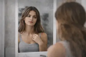 Mujer joven mirando su reflejo en el espejo con expresión pensativa, ilustrando el apego evitativo en relaciones.