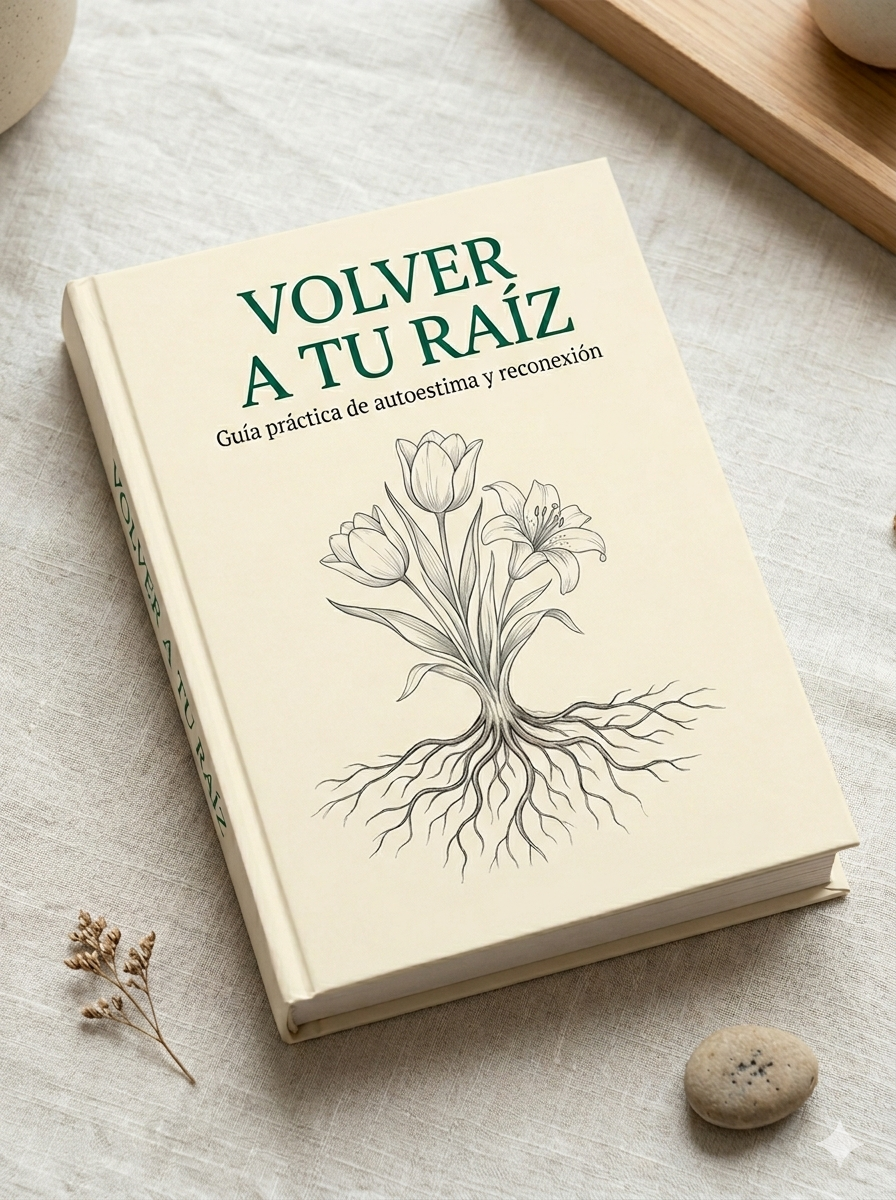 Portada del libro "Volver a tu raíz", una guía de autoestima y reconexión con ilustración botánica de raíces y tulipanes en tonos crema y verde oscuro.
